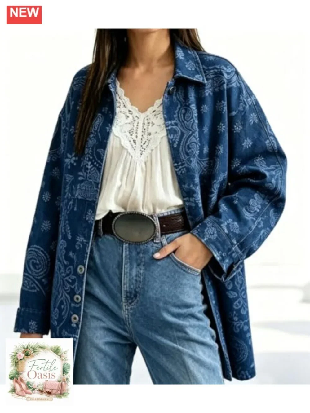 Women's Floral Paisley Print Long Denim Jacket Jean Shacket Oversized